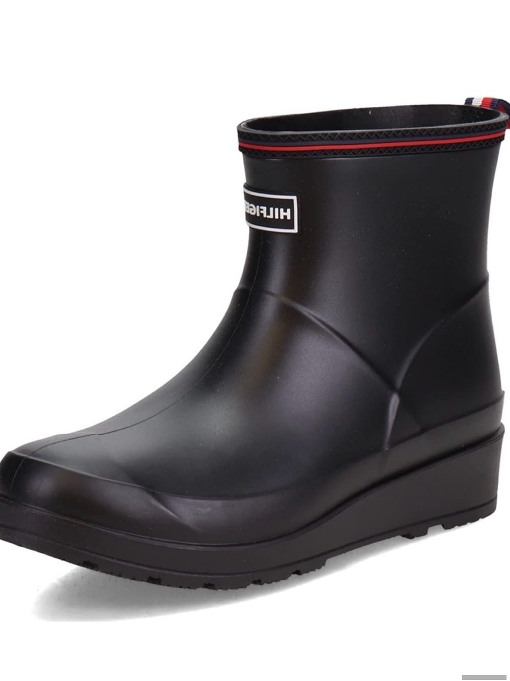 Tommy Hilfiger Black Short Wedge Rain Boots with Red-Trim Detail